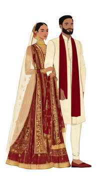 Indian Wedding Couple Together PNG on White Background. Isolated painting for invitation card, web design, prints