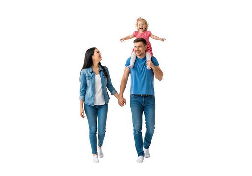 Happy young family with baby girl on father s shoulders walking together holding hands isolated on transparent background