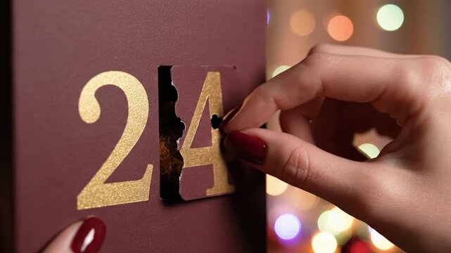 Hand Opening a Window on a Minimalist Advent Calendar in Slow Motion