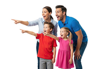 Excited family of four pointing and looking in the same direction with surprise and wonder isolated on transparent background