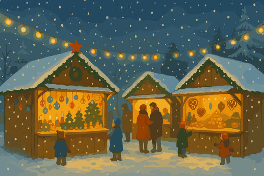 Festive christmas market celebration winter wonderland snowy environment cozy atmosphere