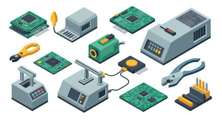 Isometric electronics and circuit boards with machinery and tools for technology
