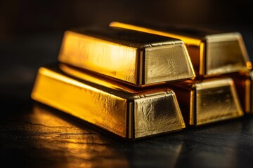 Close-up of gold bars stacked on a dark surface