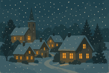Naklejka premium Snowy winter village scene at night cozy homes with lights tranquil atmosphere rural setting serene landscape