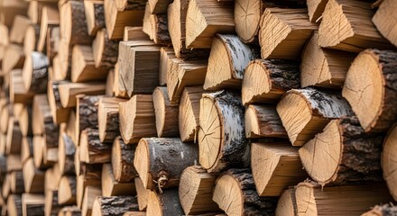 Photo of many piles of large pieces of firewood that have been cut neatly arranged high