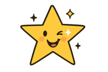 Star character winking, displaying a joyful expression with blush and sparkles. Transparent background