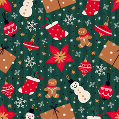 Christmas seamless pattern. Xmas tree with decorations. Gift boxes. Winter snowflakes. Repeated print. Gingerbread cookie or snowman. Present sock. Evergreen poinsettia. Vector background