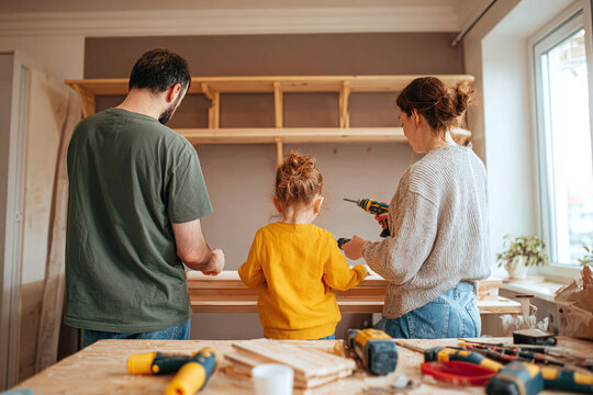 Shot from behind parents’ shoulders: father holding shelf panel, mother using screwdriver, child exploring wooden planks. Soft daylight, warm teamwork and family participation mood.