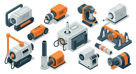 Obraz premium Isometric industrial machines and equipment set featuring modern engineering designs