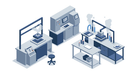 Isometric laboratory equipment with 3d printers and workstations