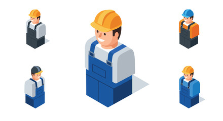 Obraz premium Isometric construction worker icons in various outfits and colors