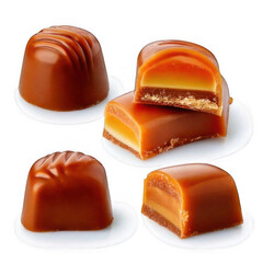 Set of caramel and chocolate candies cut in half isolated on transparent or white background