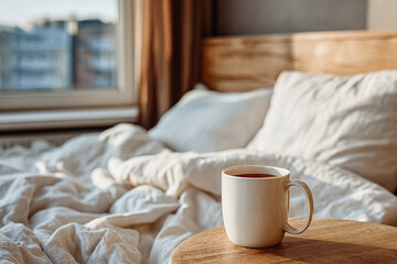 Fototapeta premium Sunlight through sheer curtains illuminates bed with crumpled linen, tray with croissant and coffee, quiet village view, peaceful slow-living hotel morning.