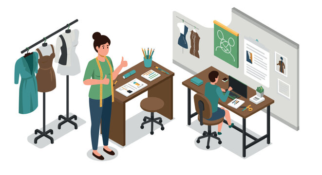 Fashion design studio scene with designers and workspace elements in isometric style - Powered by Adobe