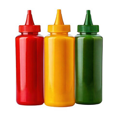 Set of squeeze condiment bottles isolated on transparent or white background