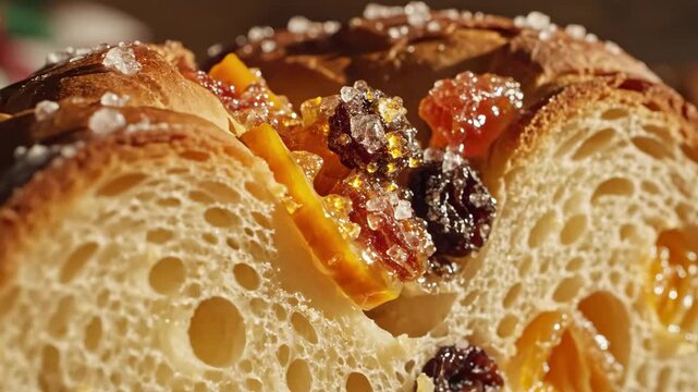 Delicious Panettone Sliced with Candied Fruits Ready to Eat to Celebrate Christmas Holidays