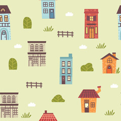 Whimsical Town A Seamless Pattern of Vintage Houses and Greenery