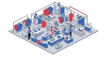 Modern isometric clothing store with customers and staff in blue and red tones