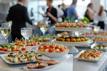 Fototapeta premium Elegant catering display with assorted appetizers and drinks