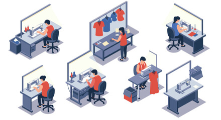 Obraz premium Isometric office and fashion workspace with sewing machines and designers