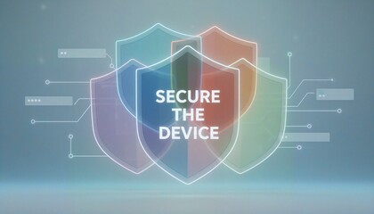 Securing Device Data with Shield Icons and Futuristic Network Connections. Cyber Security concept for Digital Protection and Device Safety in Modern Technology.