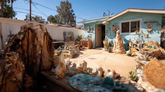Exterior view of small house with yard full of decorative art objects