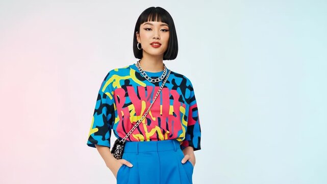 Modern asian woman posing in colorful t-shirt and blue pants with cross body bag, fashion editorial footage