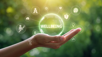 WELLBEING. Representing wellness and health concepts.Exercise, happiness, teamwork, growth, heart health, and mental balance. Eco-friendly and technological, symbolizing holistic health and wellbeing.