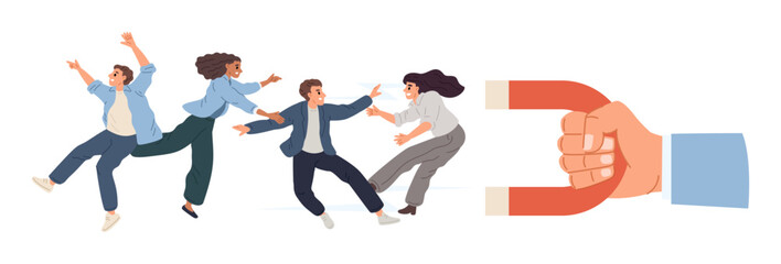 Hand with magnet attracts people. Attracting and retaining customer. Clients leads magnetic power. Social media technology. Subscribers group join. Followers generate. Vector concept