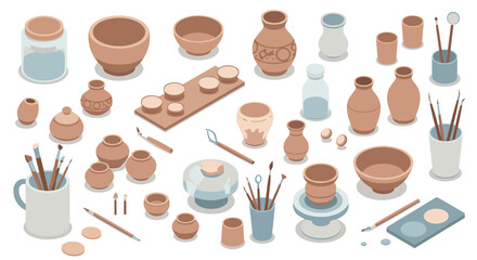 Rustic pottery and art supplies in pastel tones featuring bowls, vases, and brushes