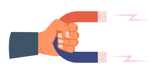 Hand holds large magnet. Attract power. Electromagnetic energy. Magnetic horseshoe. Marketing force. Followers generate. Magnetite polarity. Vector concept of attraction or magnetism