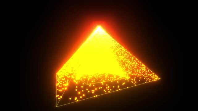 Rotating Wireframe Tetrahedron with Internal Particle Data Flow. Abstract 3D Geometric Visualization.