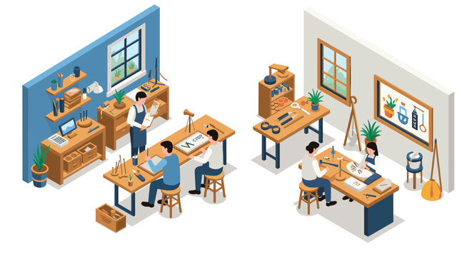 Isometric workshop scene with creative crafting and design activities