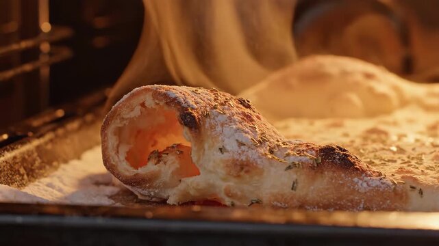 Delicious Pizza Baking In Oven: Close-Up of the Preparation and Cooking Process
