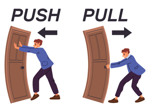 Guy pushes or pulls door toward himself. Move direction arrow. Entrance doorknob. Entry instruction. Careful slam. Doorway approach. Vector concept of opening lock by pulling or pushing