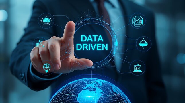 DATA DRIVEN. Technology icons, cloud computing, data analytics, and digital transformation. A holographic globe is visible below, symbolizing global connectivity and innovation.