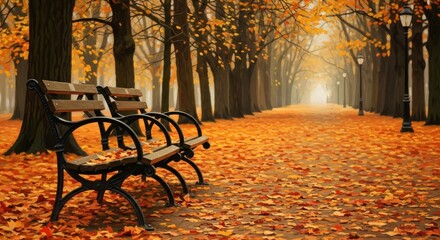 Autumn Park Path with Benches and Falling Leaves