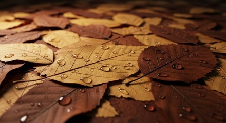 Wet Autumn Leaves with Dew Drops Close up