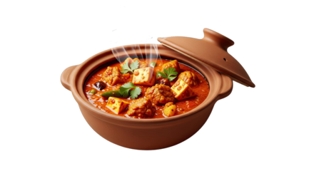 Hot tofu curry in clay pot isolated on transparent background