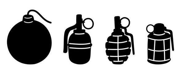 Bombs and fragmentation grenades. Military conflict arsenal. TNT detonator. Silhouette symbols. War attack. Rockets warhead. Gunpowder explosion. Vector set of black and white icons