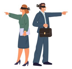 Blindfolded businesspeople point in different directions. Indicating poor understanding of situation and incorrect way choice. Couple disagreement. Teamwork problem. Vector concept