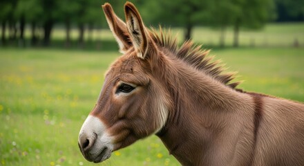 Brown Donkey Head Profile in Green Pasture