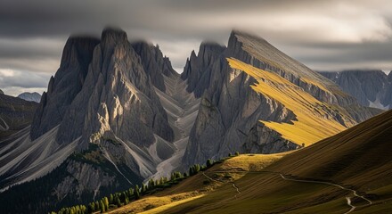 Majestic Alpine Peaks and Scenic Grassy Slopes