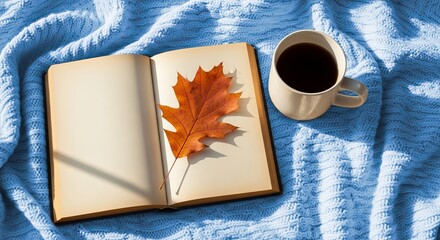 Autumn Book and Coffee on a Cozy Blue Blanket