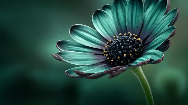 Close up of a teal flower with dark center against a blurred background