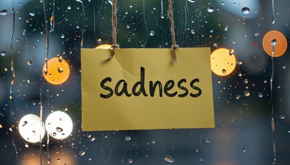 A rainy window displays a sign that reads "sadness," evoking emotion and reflection.