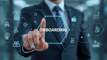 ONBOARDING. Futuristic icons related to human resources, business management, and employee growth, symbolizing modern corporate onboarding and digital transformation.