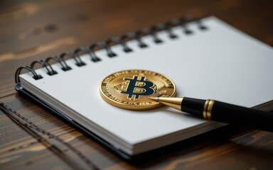 Golden bitcoin on a white notepad next to a black pen resting on a wooden surface.