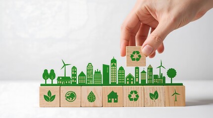 Eco-friendly city illustration made of green icons on wooden cubes. Trees, houses, wind turbines, and buildings forming a sustainable urban landscape symbolizing renewable energy, green living.