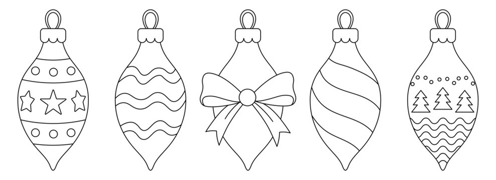 Icicle elongated Christmas tree decoration with decorative patterns. Coloring Page Set for holiday crafts, classroom activity, advent calendar, DIY gift tags, and festive printable decorations. Vector